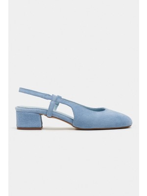Nişantaşı Shoes Harmony Bebe Mavi Süet Deri Küt Burun Kemer Detay Kısa Topuklu Kadın Babet