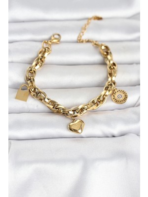 Kuhi Mey Ithalat® 316L Çelik Gold Renk Charmlı Kalın Burgu Model Kadın Bileklik