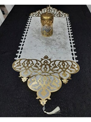 Empressco Kadife Gold Varaklı Deri Işlemeli Runner 125X45CM Masa Örtüsü