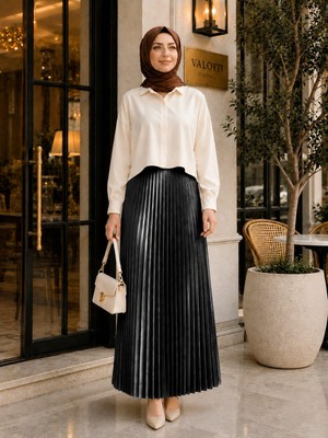 Esra Butik Lamine Denye Piliseli Etek  | 90 cm | Standart Beden (38-44 Uyumlu)