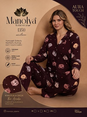 Aura Touch Gömlek Yaka Kaşkorse Uzun Kollu Ayıcık Desenli Pijama Takımı
