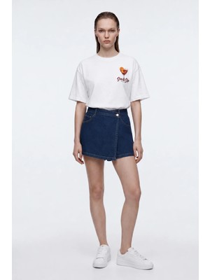 Hakke Asimetrik Kesim Denim Şort Etek