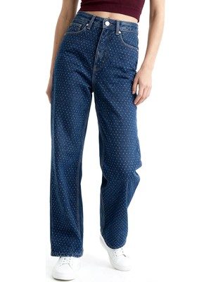 Hakke Yüksek Bel Taş Detaylı Straight Jean Pantolon