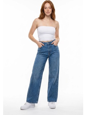 Hakke Kadın Yüksek Bel Bol Paça Denim Jean Pantolon