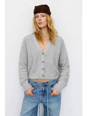 Hakke V Yaka Premium Düğmeli Crop Triko Hırka
