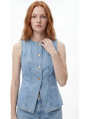 Hakke Denim Düğmeli Kadın Yelek