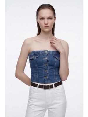 Hakke Kadın Denim Önü Düğmeli Straplez Büstiyer