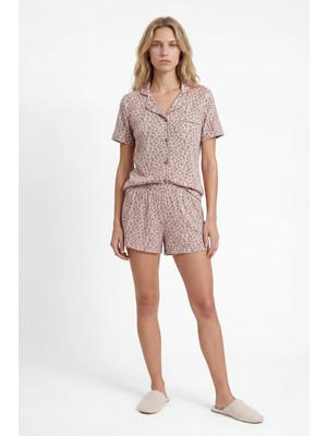 Hakke Leopar Desen Düğmeli Şort Pijama Takımı