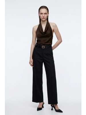 Hakke Slim Belt Dökümlü Kumaş Pantolon