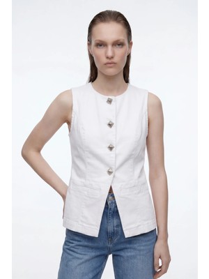 Hakke Düğme Detaylı Denim Yelek