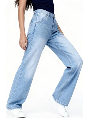 Hakke Kadın Yüksek Bel Bol Paça Wide Leg Jean Pantolon