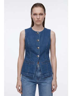 Hakke Düğme Detaylı Denim Yelek