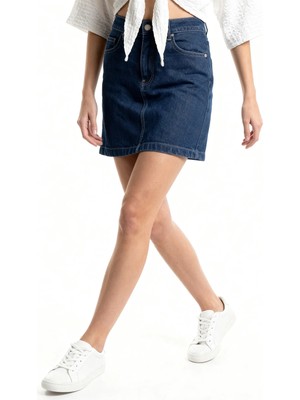 Hakke Yüksek Bel Düz Form Denim Etek