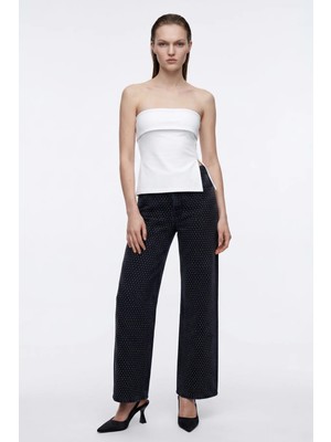 Hakke Yüksek Bel Taş Detaylı Straight Jean Pantolon
