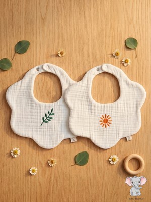 Boho Piccolo Özel Seri Nakışlı 2'li 8 Kat Müslin Bebek Mama Önlüğü ve Yakalık