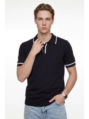 Hakke Minimal Kontrast Biyeli Erkek Polo Yaka T-Shirt