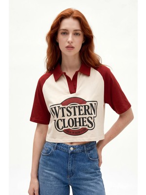 Hakke Kadın Crop Polo Yaka Baskılı T-Shirt