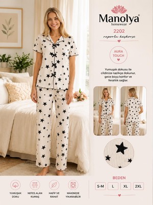 Aura Touch Gömlek Yaka Kaşkorse Kısa Kollu Yıldız Desenli Pijama Takımı