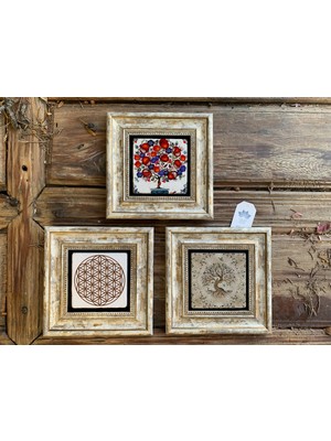 Empressco Çerçeveli Taş Tablo 20X20 cm 3'lü Set, Nar Ağacı ve Hayat Ağacı Tasarımı