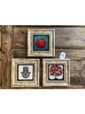 Empressco Çerçeveli Taş Duvar Dekoru 20X20 cm 3'lü Set Nar Ağacı ve Fatma Ana Eli Tasarımı