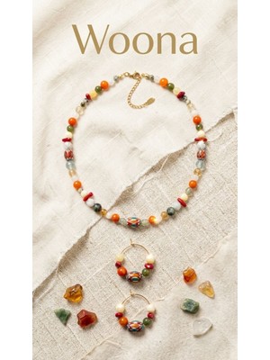 Woona Çakra Dengeliyici & Şifa ve Bolluk Kaynağı - Prehnit & Ay Taşı & Mercan Taşı & Kanada Yeşim & Kalsit & Sitrin & Florit & Cam Uç Detaylı El Yapımı Ayarlanabilir Özel Tasarım Premium Doğal Taş Takı Seti