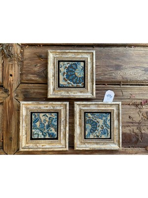 Empressco Şık Çerçeveli Taş Tablo 20X20 cm 3'lü Blue Floral Desen Set