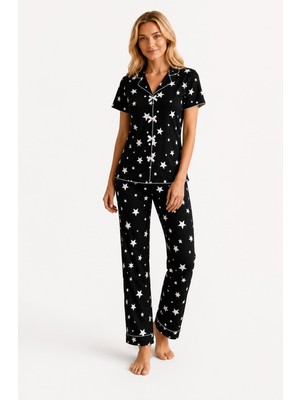 Aura Touch Gömlek Yaka Kaşkorse Kısa Kollu Yıldız Desenli Pijama Takımı
