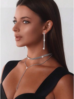 Mupte Jewelry Kadın Pırlanta Zirkon Taşlı Su Yolu Kolye ve Küpe Seti