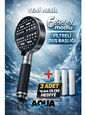 Aqua Sara 6 Fonksiyonlu Filtreli Duş Başlığı Antrasit Gri (3 Adet Yedek Filtre) | Silikon Saplı, Su Arıtmalı, Klor ve Kireç Önleyici, Yüksek Basınçlı