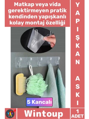 Wintoup #askı Pratik 5'li Kendinden Yapışkanlı Güçlü Şeffaf Askılık Kapı Arkası Mutfak Duvar Banyo Şık Askı