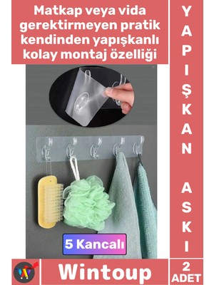 Wintoup #askı Pratik 5'li Kendinden Yapışkanlı Güçlü Şeffaf Kapı Arkası Mutfak Duvar Banyo Şık Askı 2 Adet