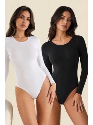 Fevien 2'li Paket Kadın Pamuklu Uzun Kollu Bisiklet Yaka Alttan Kopçalı Çıtçıtlı Badi Günlük Esnek Rahat Avantajlı Body Seti