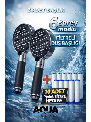 Aqua Sara 2 Adet 6 Fonksiyonlu Filtreli Duş Başlığı Antrasit Gri Renk (10 Adet Yedek Filtre) | Silikon Saplı, Su Arıtmalı, Klor ve Kireç Önleyici, Yüksek Basınçlı