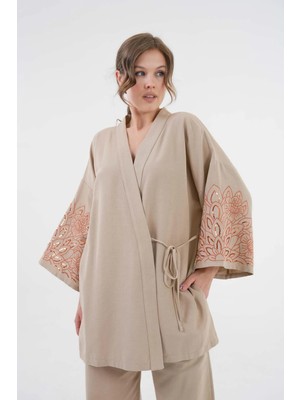 Minaaise Kadın Vizon Kolları Payet Pul Nakışlı Keten Kimono Ceket ve Pantolon Alt/Üst Takım 21061