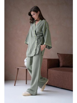 Minaaise Kadın Haki Keten Nakış ve Pul Detaylı Kimono ve Pantolon Alt/Üst Takım 29033