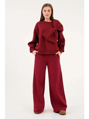 Minaaise Kadın Bordo Şardonlu Fiyonklu Tasarım Sweatshirt ve Eşofman Altı Alt/Üst Takım 28362