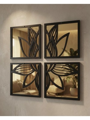 Ergeç Tasarım Lotus Serisi Aynalı Dekoratif Duvar Paneli 4 Parça | 20X20 cm & 25X25 cm | Siyah & Atlantik Çam | Gold / Gümüş Aynalı Pleksi