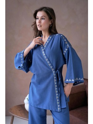 Minaaise Kadın İndigo Keten Nakış ve Pul Detaylı Kimono ve Pantolon Alt/Üst Takım 29033