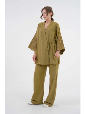 Minaaise Kadın Yağ Yeşili Kolları Payet Pul Nakışlı Keten Kimono Ceket ve Pantolon Alt/Üst Takım 21061