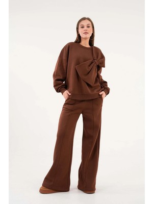 Minaaise Kadın Kahverengi Şardonlu Fiyonklu Tasarım Sweatshirt ve Eşofman Altı Alt/Üst Takım 28362