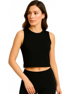 İngegno Body Bisiklet Yaka Sıfır Kol Crop %95 Viskon Ring Örme Kumaş Body