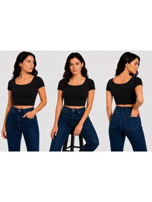 İngegno Kare Yaka Kısa Kol Crop Model Viskon Ring Örme Kumaş Kadın Body
