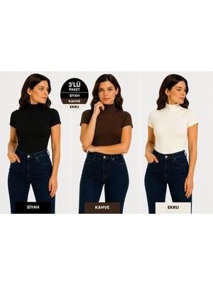 İngegno Body Yarım Balıkçın Kısa Kol Viskon Örme Kumaş Body 3 Lü Paket