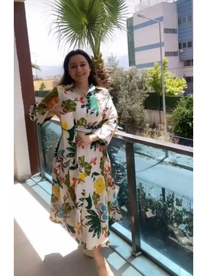 Nutika Keten Kuşaklı Çiçek Desen Elbise