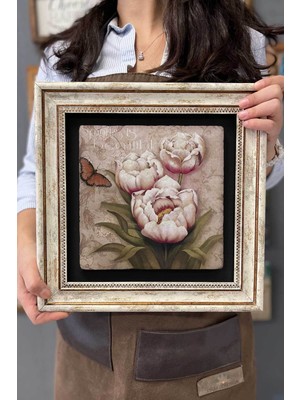 Empressco Renkli Çerçeveli Taş Duvar Dekoru, Kelebek ve Çiçek Tasarımı, 30X30 cm
