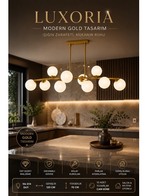Elvora Home Modern (Premium) 10LU Eskitme Sarkıt Avizesi 120X70 cm Şık Salon Mutfak Odası Yemek Masası Üstü Avizesi Modelleri 10XE14