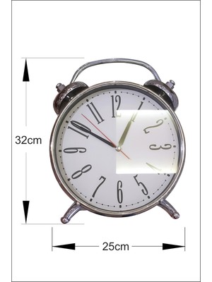M3 Decorium Büyük 32 cm Çalar Saat Görünümlü Sessiz Metal Masa Saati Gümüş Renk Çerçeveli Camlı Ayakta Durabilen Nostaljik Dekoratif Duvar Saati