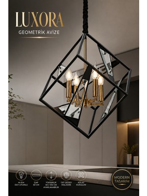 Elvora Home Modern (Premium) Siyah Metal Kafes Şık 50 cm Sarkıt Avizesi Salon Mutfak Oturma Odası Avizesi Modelleri 4XE14 Duyulu