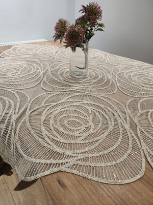 Yalıns Home Lüx Masa Örtüsü Dantel Dekoretif Gold Simli 95X95 cm