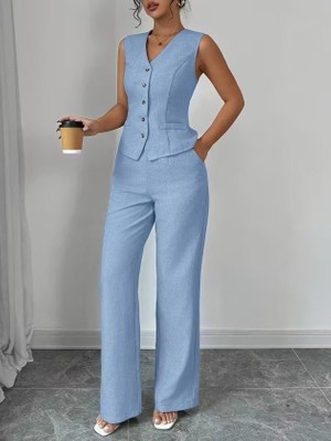 Efnaz Style Kadın Askılı Önden Düğmeli Bluz ve Pantolon Keten Ikili Takım